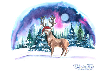 Hand drawn christmas deer landscape trees watercolor backgroundのイラスト素材