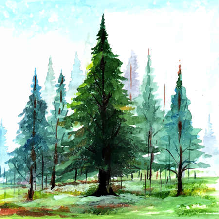 Beautiful christmas tree in winter landscape card backgroundのイラスト素材