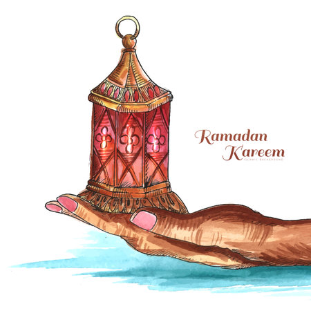 Elegant hand holding arabic lamp sketch ramadan kareem cardのイラスト素材