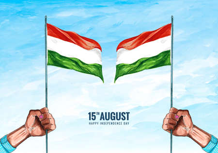 Hand holding Indian flag with happy independence day background