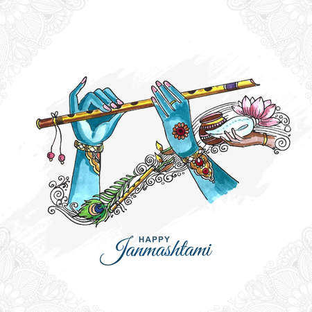 Lord Krishna playing bansuri happy janmashtami holiday artistic backgroundのイラスト素材