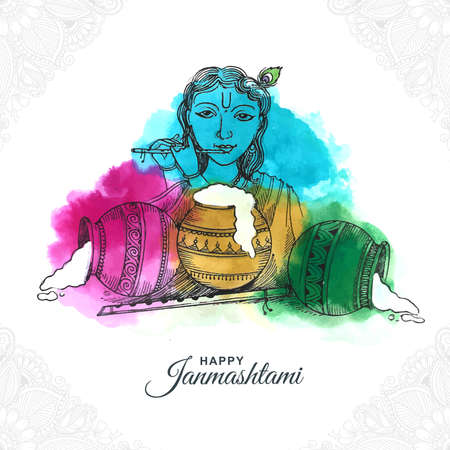 Lord Krishna playing bansuri happy janmashtami holiday artistic backgroundのイラスト素材