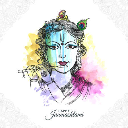 Lord Krishna playing bansuri happy janmashtami holiday artistic backgroundのイラスト素材