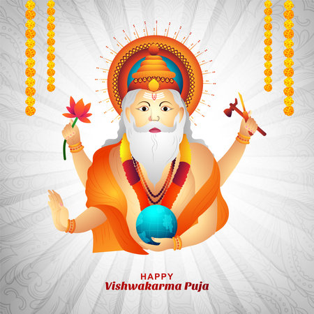 Hand draw happy vishwakarma puja colorful sketch celebration card designのイラスト素材
