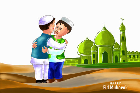 Muslim kids people hugging and wishing eid mubarak celebration backgroundのイラスト素材