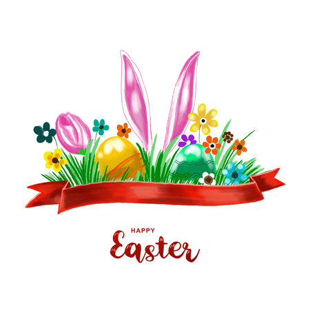 Happy easter colorful painted egg and rabbit ears holiday card backgroundのイラスト素材