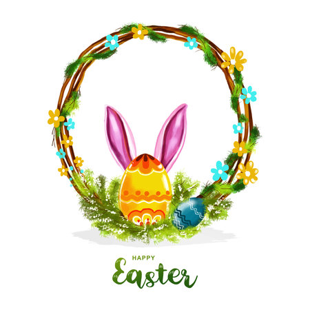 Happy easter colorful painted egg and rabbit ears holiday card backgroundのイラスト素材
