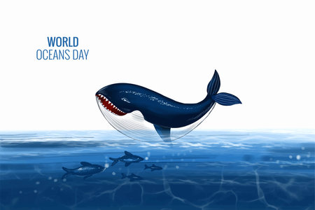 Large whale and fish were swimming underwater ocean day backgroundのイラスト素材
