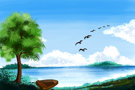 Landscape and nature on watercolor tree backgroundのイラスト素材