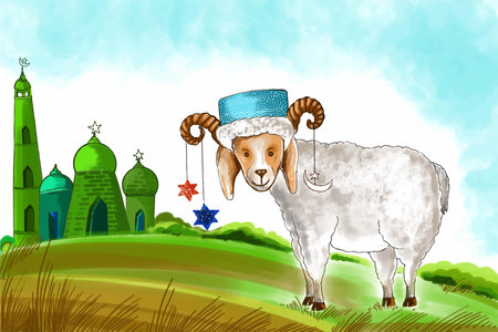 Eid al adha greeting card with goat watercolor designのイラスト素材