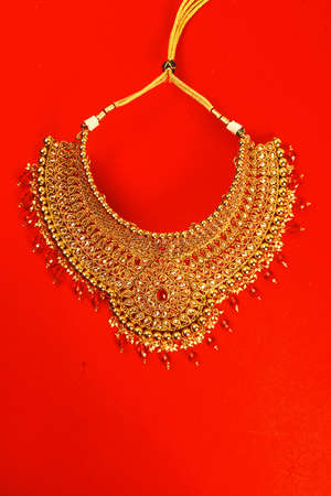 Authentic Traditional Indian Jewellery Necklace On Dark Background. Wear in Neck in Wedding, Festivals And Other Occasion. Very Useful Image For Website, Printing & Mobile Application.の写真素材