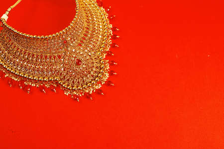 Authentic Traditional Indian Jewellery Necklace On Dark Background. Wear in Neck in Wedding, Festivals And Other Occasion. Very Useful Image For Website, Printing & Mobile Application.の写真素材