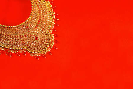Authentic Traditional Indian Jewellery Necklace On Dark Background. Wear in Neck in Wedding, Festivals And Other Occasion. Very Useful Image For Website, Printing & Mobile Application.の写真素材