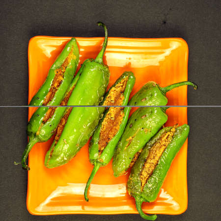 Delicious Mouth Watering Stuffed Green Chili With Gram Flour. Bharma Besan Mirchi.の写真素材
