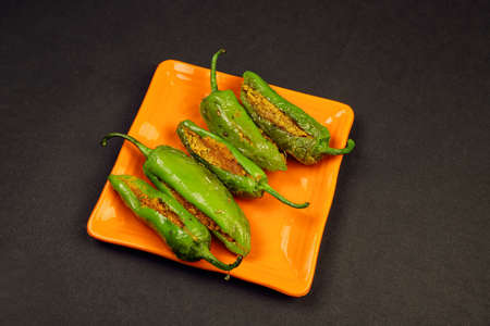 Delicious Mouth Watering Stuffed Green Chili With Gram Flour. Bharma Besan Mirchi.の写真素材