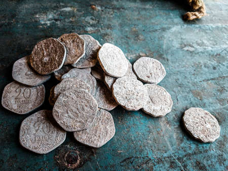 Chocolate truffles on rustic background with copy space.の写真素材