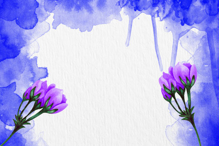 Watercolor floral background with purple flowers and blue watercolor stains.の写真素材