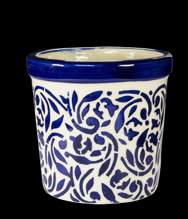 Round Blue Ceramic Pot for plant flower with blue pattern on black backgroundの写真素材