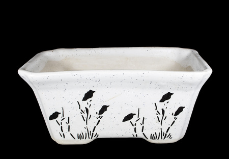 Long Ceramic Pot for plant flower with bird and tree pattern on black backgroundの写真素材