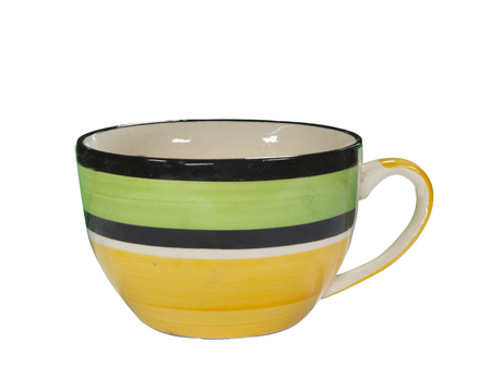 ceramic soup cup with yellow green strip patternの写真素材