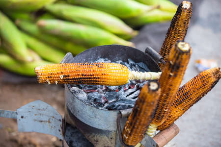 Sweet corn on the grill. Indian street food. Selective Focus.の写真素材