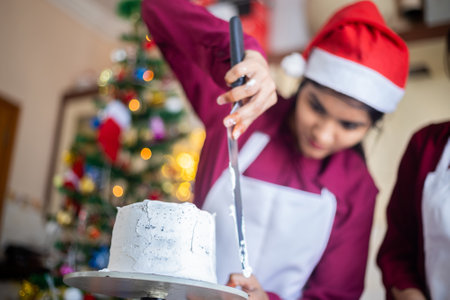 Young Indian Girl Icing Preparing Christmas Cake With Buttercream At Home, Low Angle Shot, Wear Santa Hat, Holiday And Party Season, Celebration Christmas During Covdi pandemic. Cake and pastry Shop.の写真素材