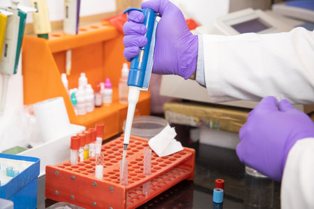 Closeup of hands in blue gloves holding pipette and test tube doing chemical or drug research in...