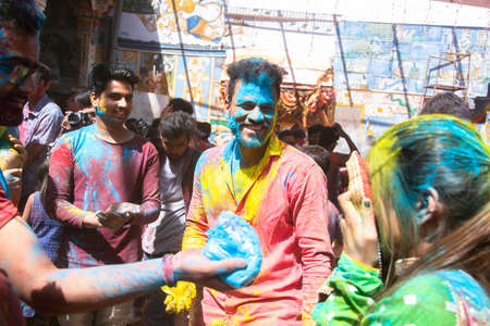Jodhpur, rajastha, india - March 20, 2020: Group of young indian people celebrating holi festival, face smeared with colored powder.のeditorial素材