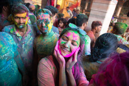 Jodhpur, rajastha, india - March 20, 2020: Group of young indian people celebrating holi festival, face smeared with colored powder.のeditorial素材