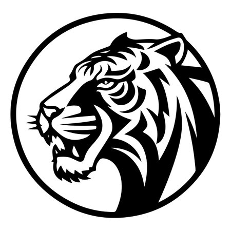 Tiger head in circle isolated on white background. Black and white vector illustration.のイラスト素材