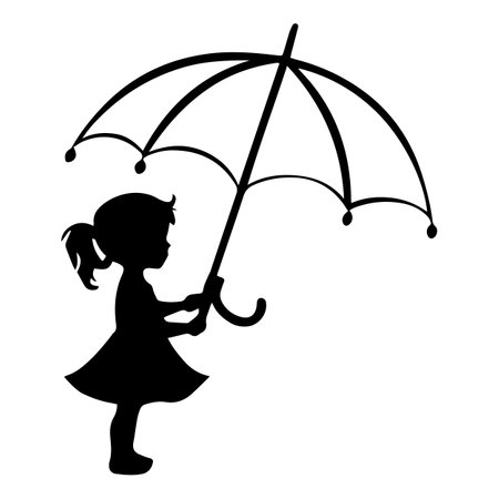 Little girl with umbrella silhouette isolated on white background. Vector illustration.のイラスト素材