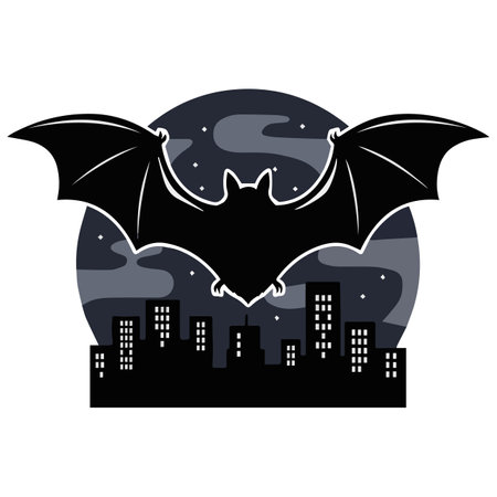 Halloween bats flying over the city at night. Vector illustration.のイラスト素材