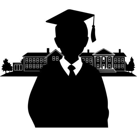 graduation cap and gown in front of school building silhouette vector illustrationのイラスト素材