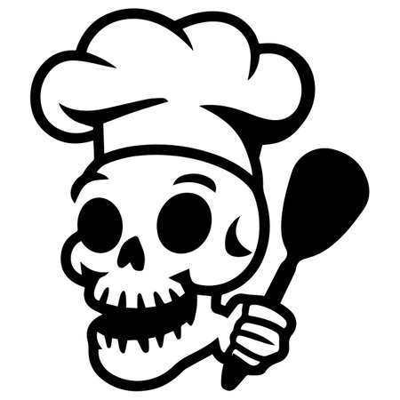 Skull Chef with Spoon - Black and White Cartoon Illustration, Vectorのイラスト素材