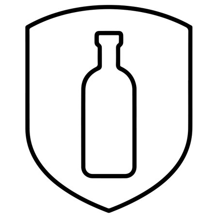 Wine bottle and shield icon. Outline wine bottle and shield vector icon for web design isolated on white backgroundのイラスト素材