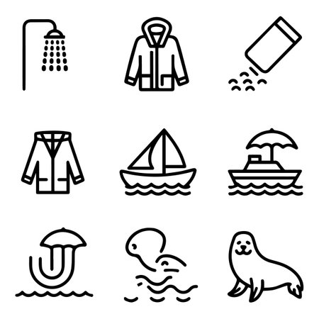 Sea icons set. Outline illustration of 9 sea icons for webのイラスト素材