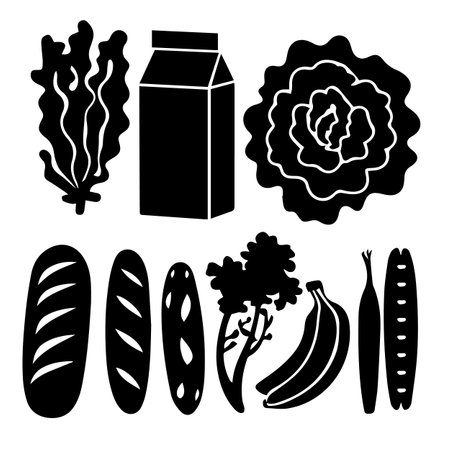 Vector set of black silhouettes of vegetables, fruits and products.のイラスト素材