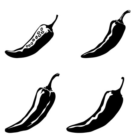 Chili pepper icon set. Black silhouettes. Vector illustration.のイラスト素材