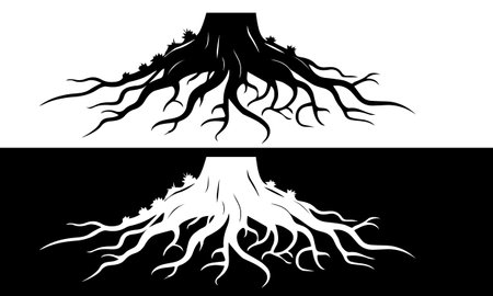tree and roots black and white vector illustration isolated on black and white backgroundのイラスト素材