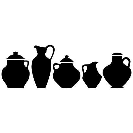 Set of black and white silhouettes of ceramic jugs. Vector illustrationのイラスト素材