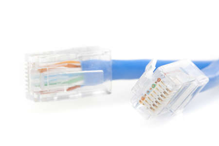 A blue ethernet cable against a white background