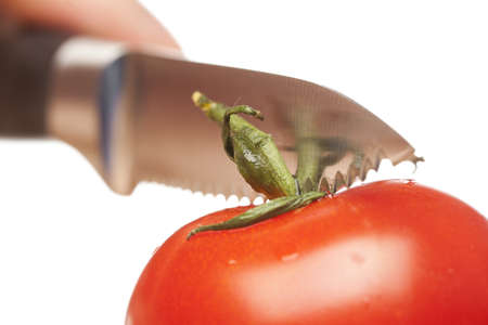 Fresh Ogranic Ripe Tomato being cut by a knife