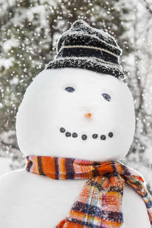 Merry White Snowman with an orange scarf and a hatの写真素材