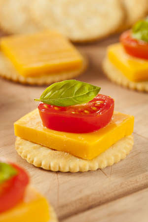 Chedder Cheese and Cracker Appetizer with tomato and basilの写真素材