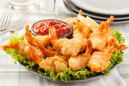 Fried Organic Coconut Shrimp with Cocktail Sauceの写真素材