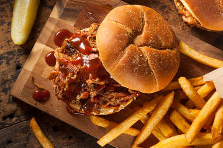 Barbeque Pulled Pork Sandwich with BBQ Sauce and Fries