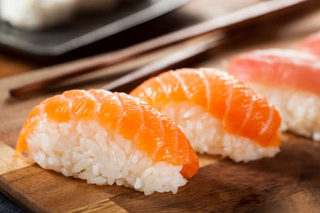 Healthy Japanese Nigiri Sushi with Rice and Fishの写真素材