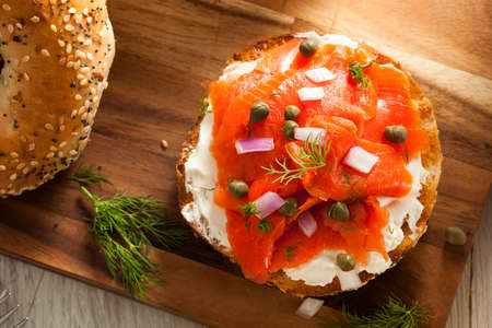 Homemade Bagel and Lox with Cream Cheese, Capes, and Dillの写真素材