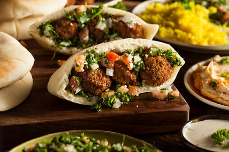 Healthy Vegetarian Falafel Pita with Rice and Saladの写真素材