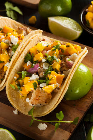 Homemade Baja Fish Tacos with Mango Salsa and Chipsの写真素材